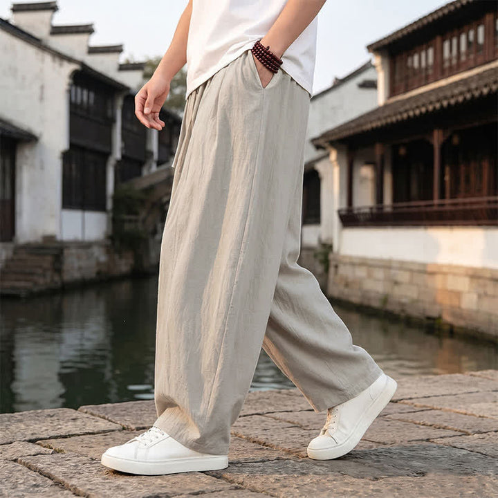Buddha Stones Spring Summer Retro Simple Drawstring Solid Ankle Pants Men's Straight Leg Pants With Pocket - image 9