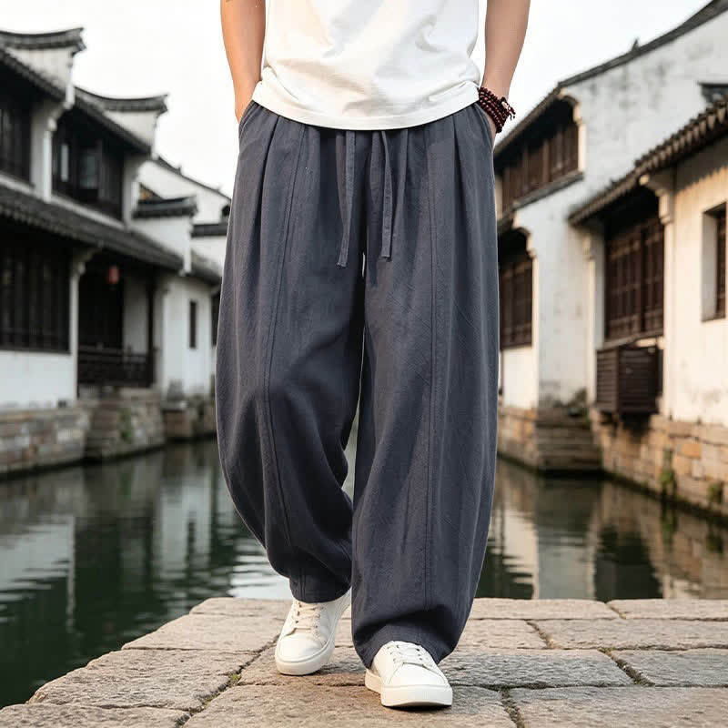 Buddha Stones Spring Summer Retro Simple Drawstring Solid Ankle Pants Men's Straight Leg Pants With Pocket - image 1