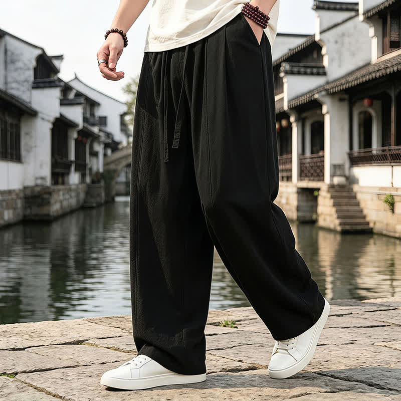 Buddha Stones Spring Summer Retro Simple Drawstring Solid Ankle Pants Men's Straight Leg Pants With Pocket - image 5