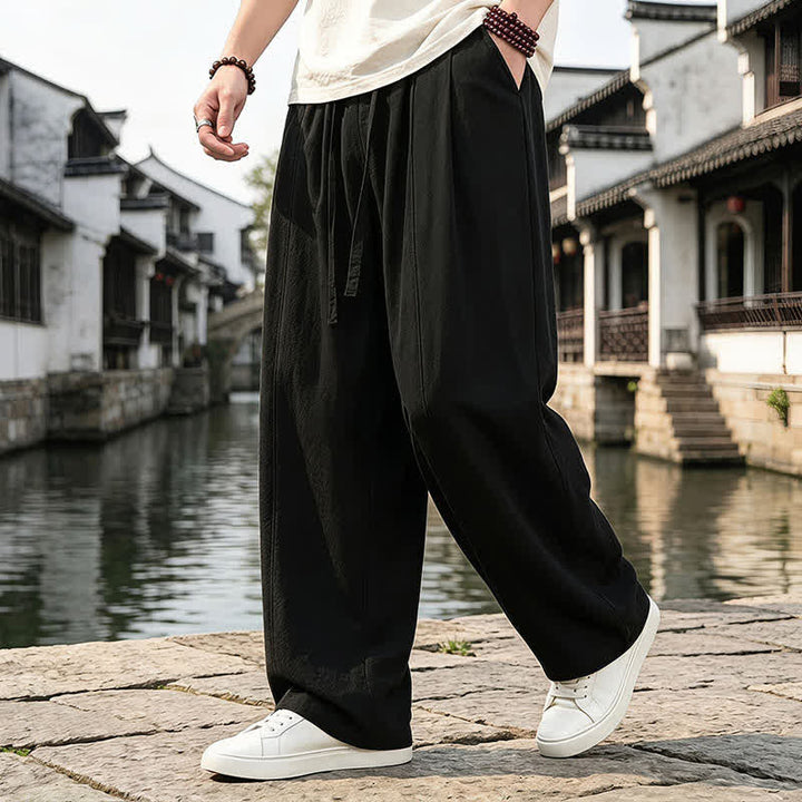 Buddha Stones Spring Summer Retro Simple Drawstring Solid Ankle Pants Men's Straight Leg Pants With Pocket - image 5