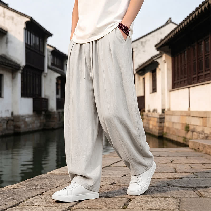 Buddha Stones Spring Summer Retro Simple Drawstring Solid Ankle Pants Men's Straight Leg Pants With Pocket - image 7