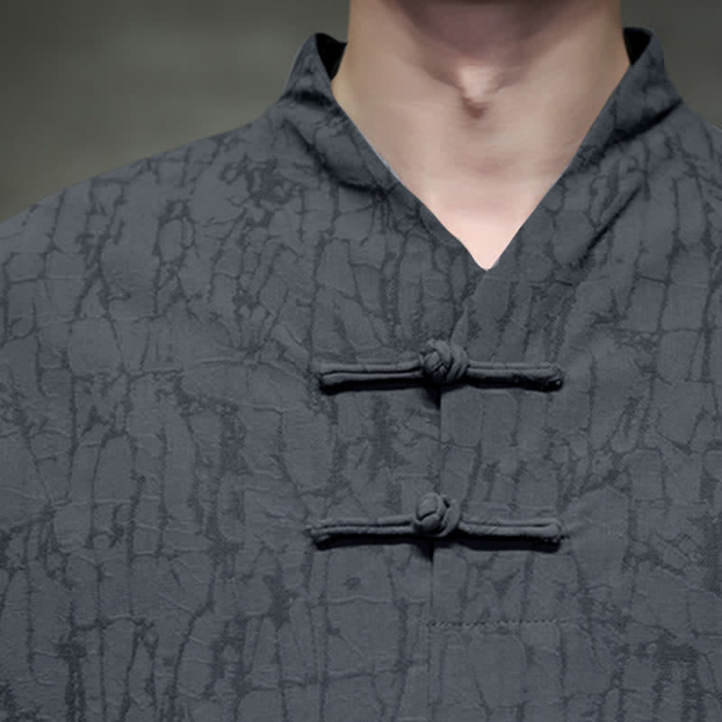 Buddha Stones Spring Tang Style Vintage Mandarin Collar Frog Button Solid Men's Long Sleeve Shirts - image 7