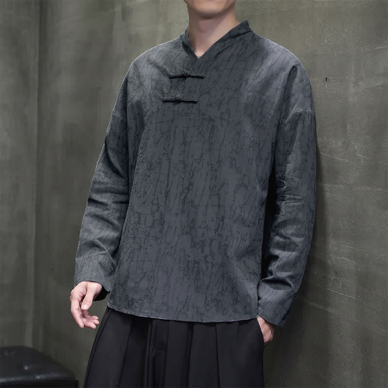 Buddha Stones Spring Tang Style Vintage Mandarin Collar Frog Button Solid Men's Long Sleeve Shirts - image 5