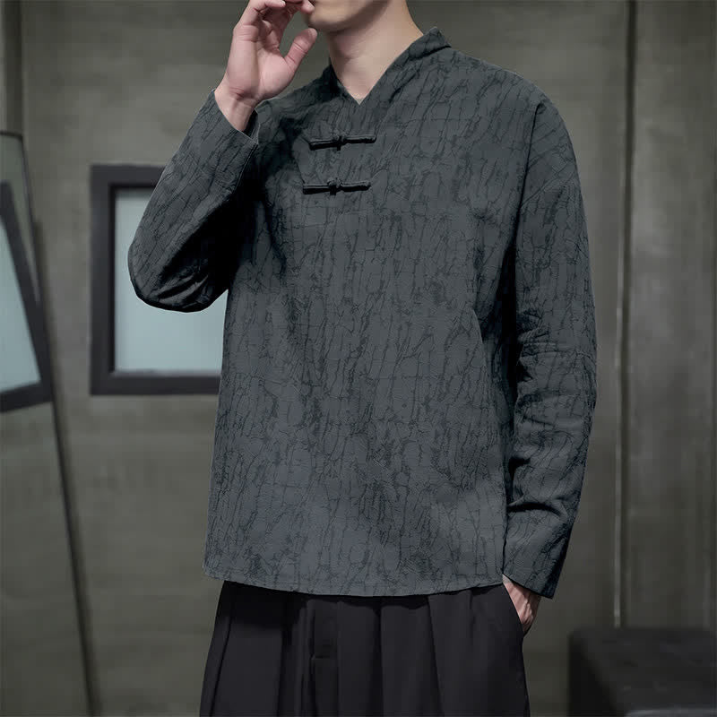 Buddha Stones Spring Tang Style Vintage Mandarin Collar Frog Button Solid Men's Long Sleeve Shirts - image 2