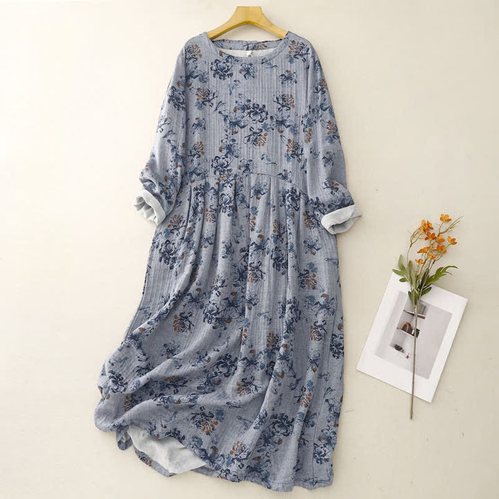 Buddha Stones Spring Fall Casual Boho Drawstring Floral Crew Neck Women's Long Sleeve Dress With Pockets - LightSteelBlue - US14, UK/AU18, EU46 (2XL) - image 10
