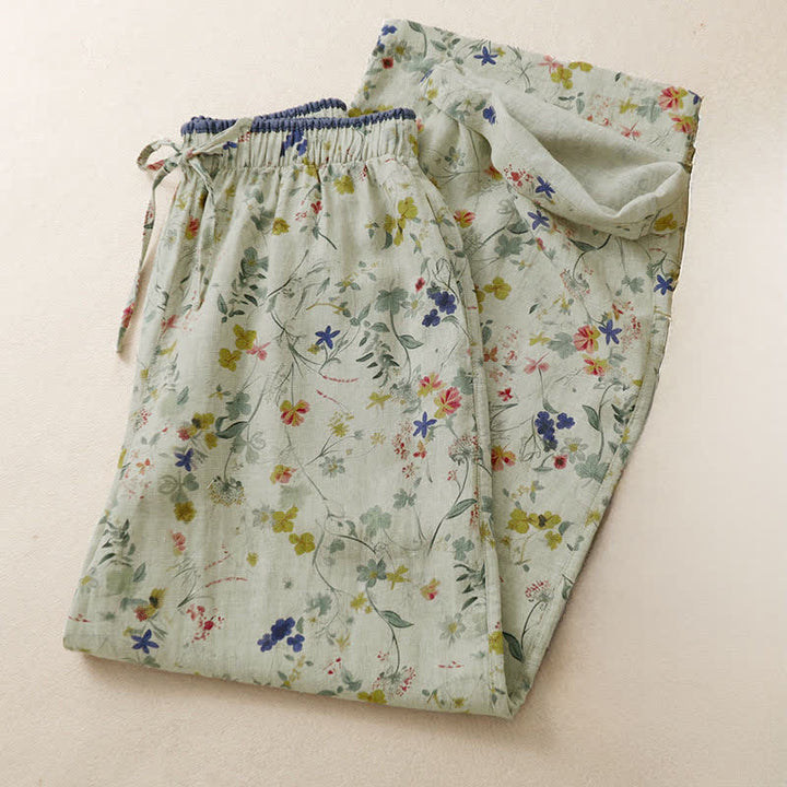 Buddha Stones Spring Summer Casual Boho Drawstring Floral Print Long Pants Women's Wide Leg Pants With Pocket - image 2