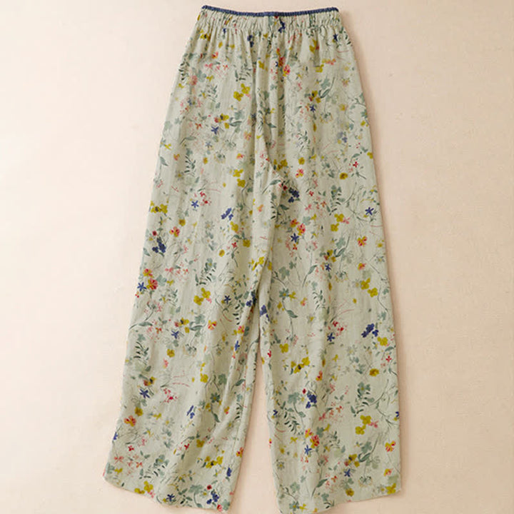 Buddha Stones Spring Summer Casual Boho Drawstring Floral Print Long Pants Women's Wide Leg Pants With Pocket - image 1
