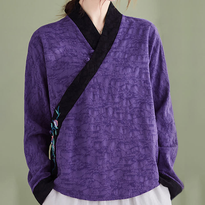 Buddha Stones Spring Fall Elegant Tang Style Embroidery Floral Women's Long Sleeve Shirts - image 8