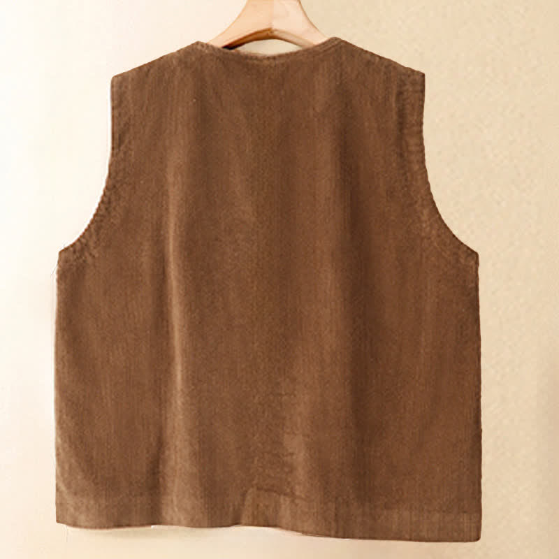 Buddha Stones Fall Winter Casual Vintage Button-Up Solid Corduroy Tank Top Women's Vest With Pockets - image 1