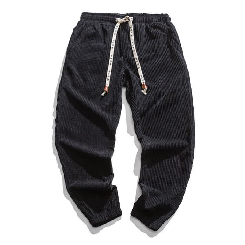 Buddha Stones Winter Retro Classic Drawstring Solid Corduroy Ankle Pants Men's Tapered Pants With Pocket - Black - US/UK/AU46, EU56 (5XL) - image 1