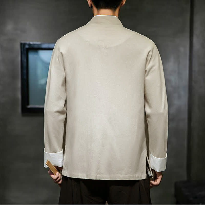 Buddha Stones Fall Winter Tang Style Vintage Mandarin Collar Frog Button Embroidery Character Solid Men's Long Sleeve Shirts - image 12
