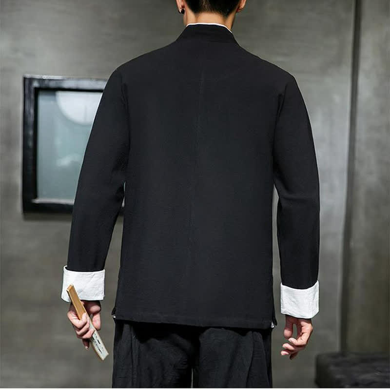 Buddha Stones Fall Winter Tang Style Vintage Mandarin Collar Frog Button Embroidery Character Solid Men's Long Sleeve Shirts - image 3