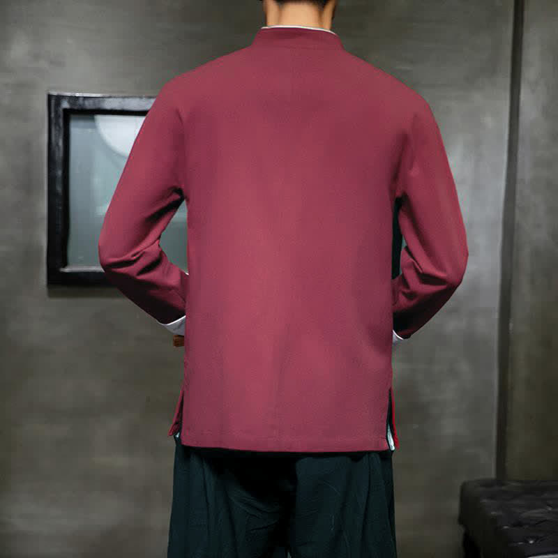 Buddha Stones Fall Winter Tang Style Vintage Mandarin Collar Frog Button Embroidery Character Solid Men's Long Sleeve Shirts - image 17