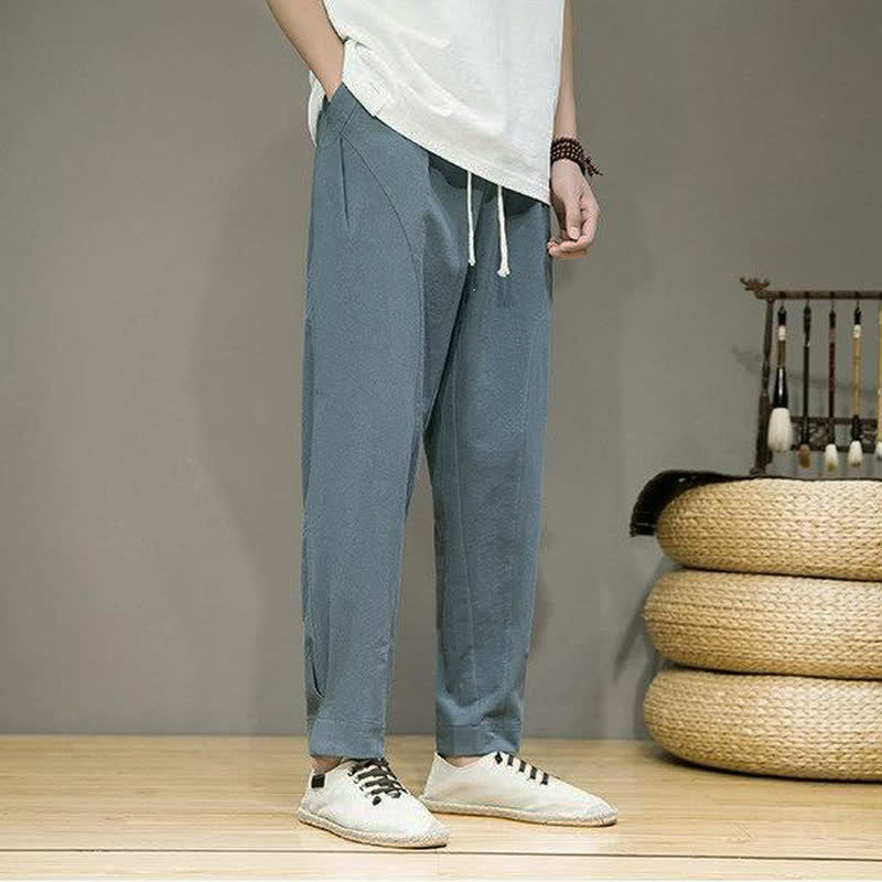 Buddha Stones Spring Summer Casual Minimalist Drawstring Solid Cropped Pants Men's Tapered Pants With Pockets - image 5
