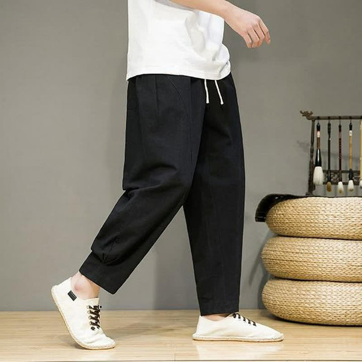 Buddha Stones Spring Summer Casual Minimalist Drawstring Solid Cropped Pants Men's Tapered Pants With Pockets - image 11