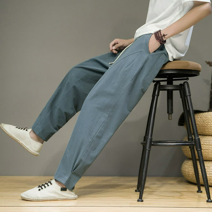 Buddha Stones Spring Summer Casual Minimalist Drawstring Solid Cropped Pants Men's Tapered Pants With Pockets - CadetBlue - US/UK/AU46, EU56 (5XL) - image 0