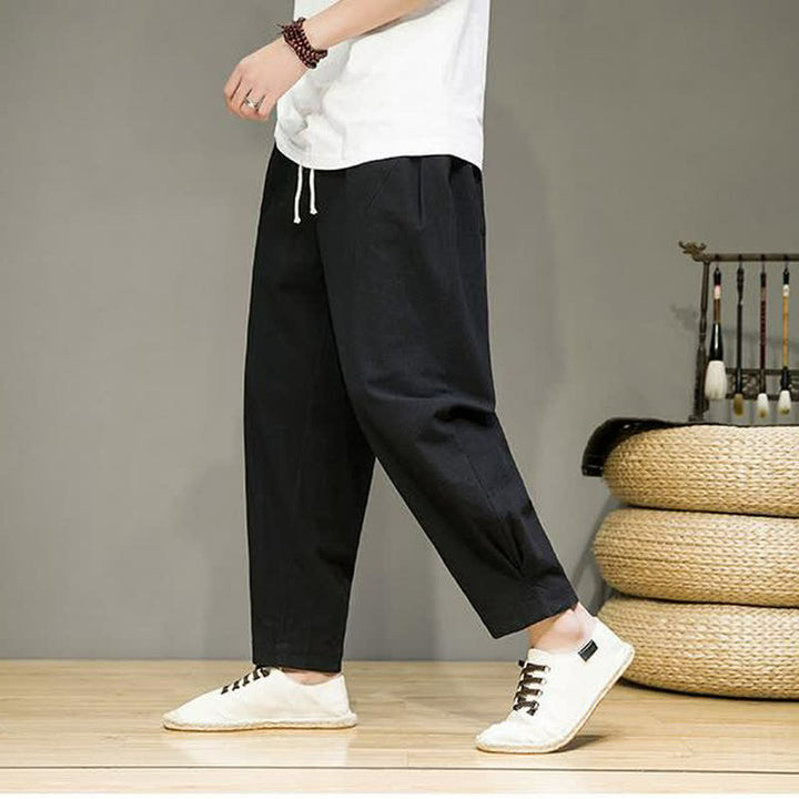 Buddha Stones Spring Summer Casual Minimalist Drawstring Solid Cropped Pants Men's Tapered Pants With Pockets - image 8