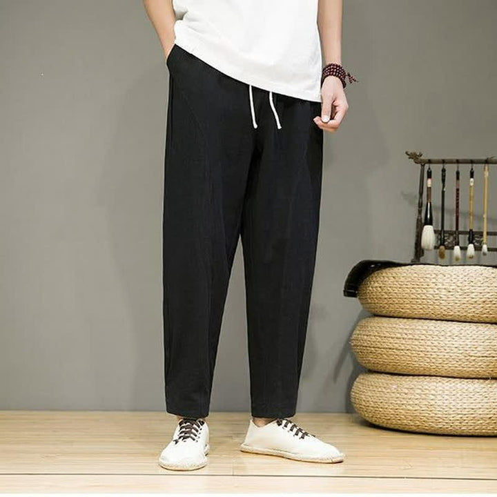 Buddha Stones Spring Summer Casual Minimalist Drawstring Solid Cropped Pants Men's Tapered Pants With Pockets - image 9