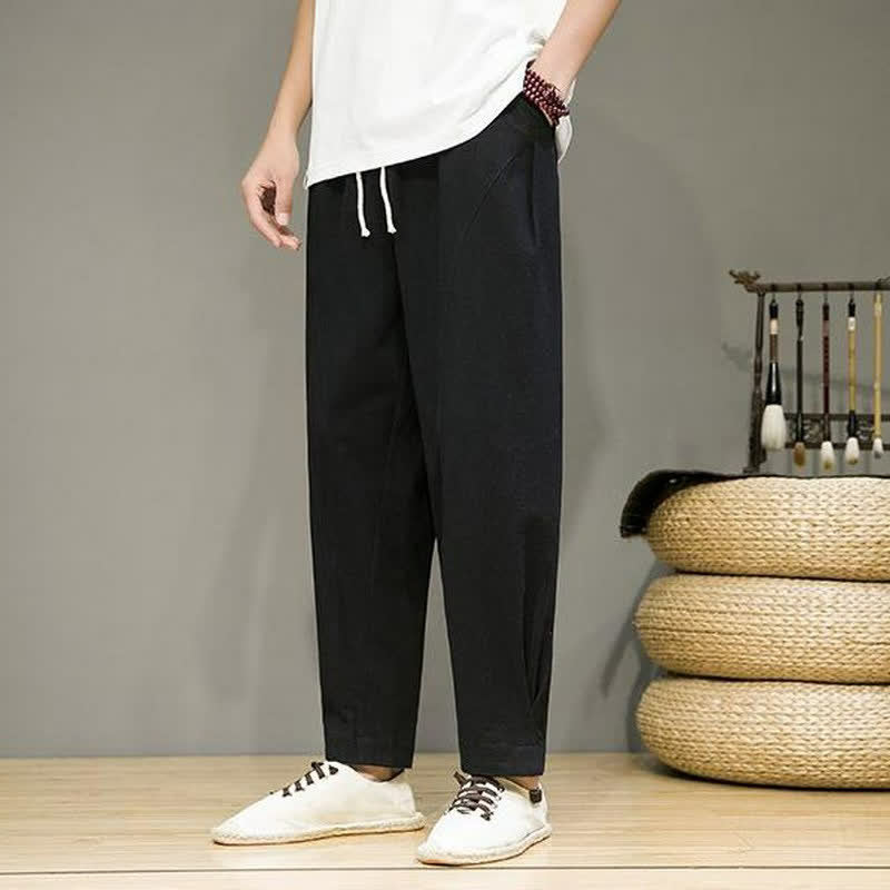 Buddha Stones Spring Summer Casual Minimalist Drawstring Solid Cropped Pants Men's Tapered Pants With Pockets - image 10