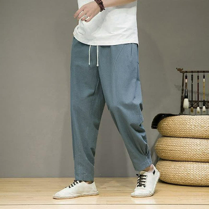 Buddha Stones Spring Summer Casual Minimalist Drawstring Solid Cropped Pants Men's Tapered Pants With Pockets - image 4