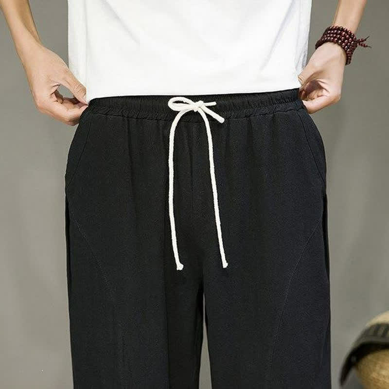 Buddha Stones Spring Summer Casual Minimalist Drawstring Solid Cropped Pants Men's Tapered Pants With Pockets - image 14