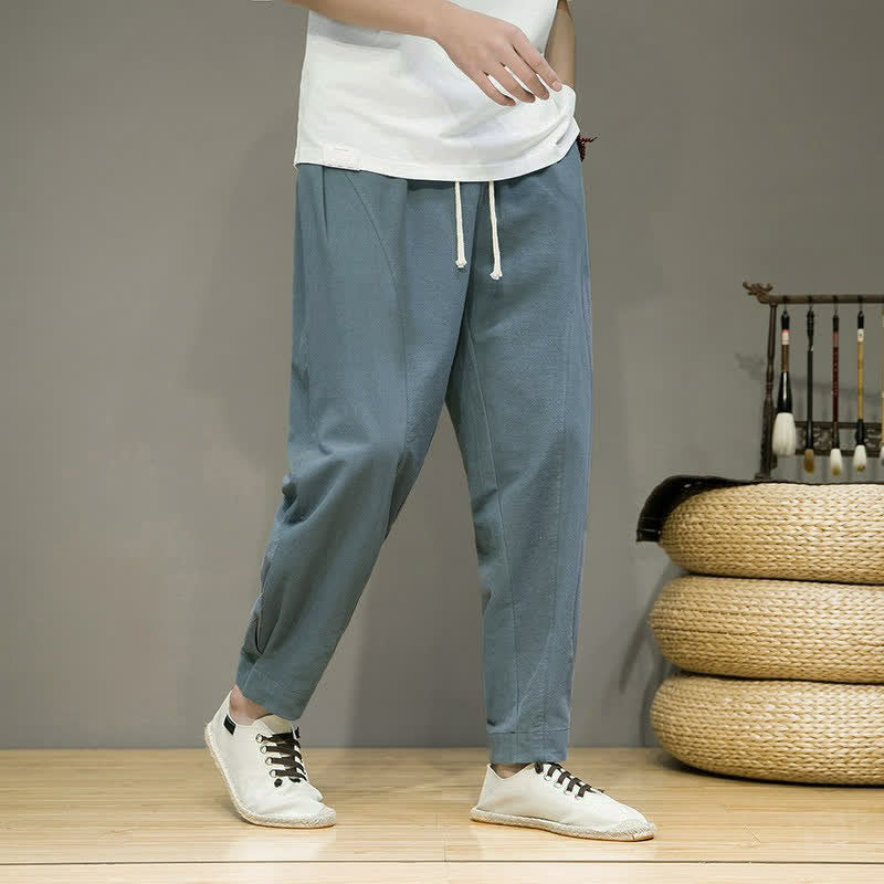 Buddha Stones Spring Summer Casual Minimalist Drawstring Solid Cropped Pants Men's Tapered Pants With Pockets - image 1