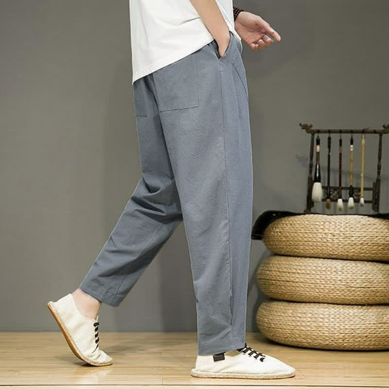 Buddha Stones Spring Summer Casual Minimalist Drawstring Solid Cropped Pants Men's Tapered Pants With Pockets - image 19