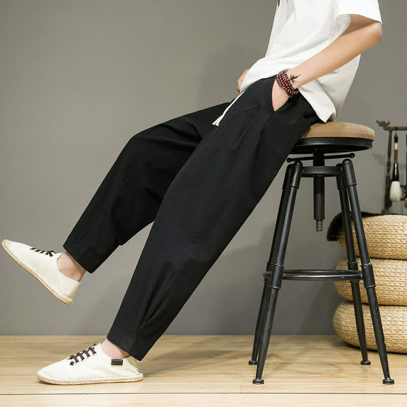 Buddha Stones Spring Summer Casual Minimalist Drawstring Solid Cropped Pants Men's Tapered Pants With Pockets - image 12