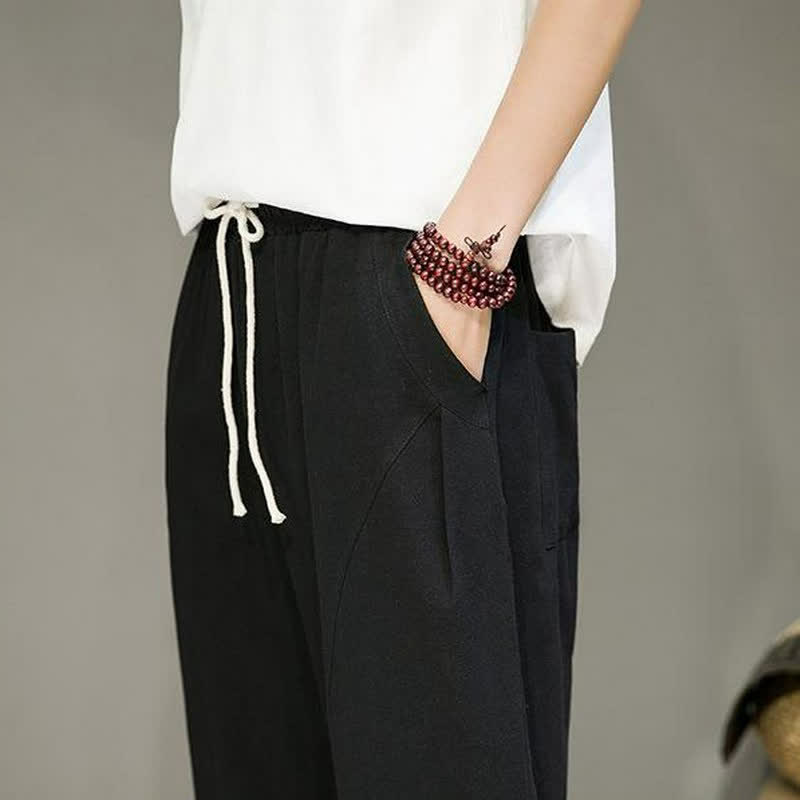 Buddha Stones Spring Summer Casual Minimalist Drawstring Solid Cropped Pants Men's Tapered Pants With Pockets - image 13
