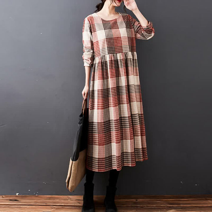 Buddha Stones Fall Casual Vintage Plaid Women's Long Sleeve Dress With Pockets - image 6