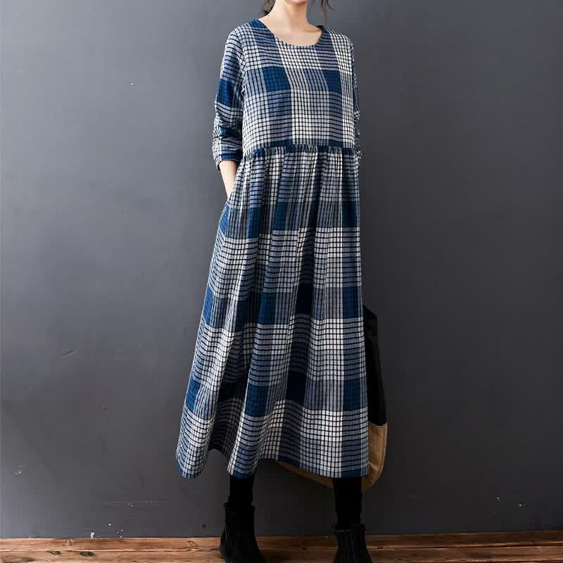 Buddha Stones Fall Casual Vintage Plaid Women's Long Sleeve Dress With Pockets - image 1
