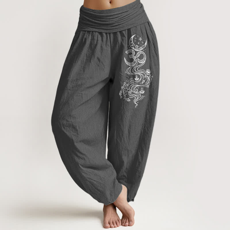 Buddha Stones Pure Cotton Sacred Moon Om Pattern Women's Elastic Waist Harem Pants - DimGray - US16，UK/AU20，EU48 (3XL) - image 0