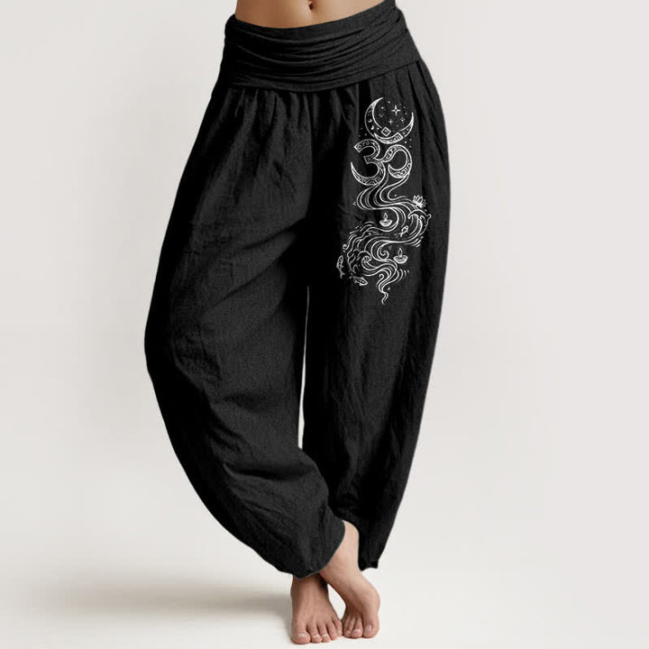Buddha Stones Pure Cotton Sacred Moon Om Pattern Women's Elastic Waist Harem Pants - Black - US16，UK/AU20，EU48 (3XL) - image 5