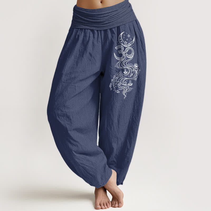 Buddha Stones Pure Cotton Sacred Moon Om Pattern Women's Elastic Waist Harem Pants - DarkSlateBlue - US16，UK/AU20，EU48 (3XL) - image 8