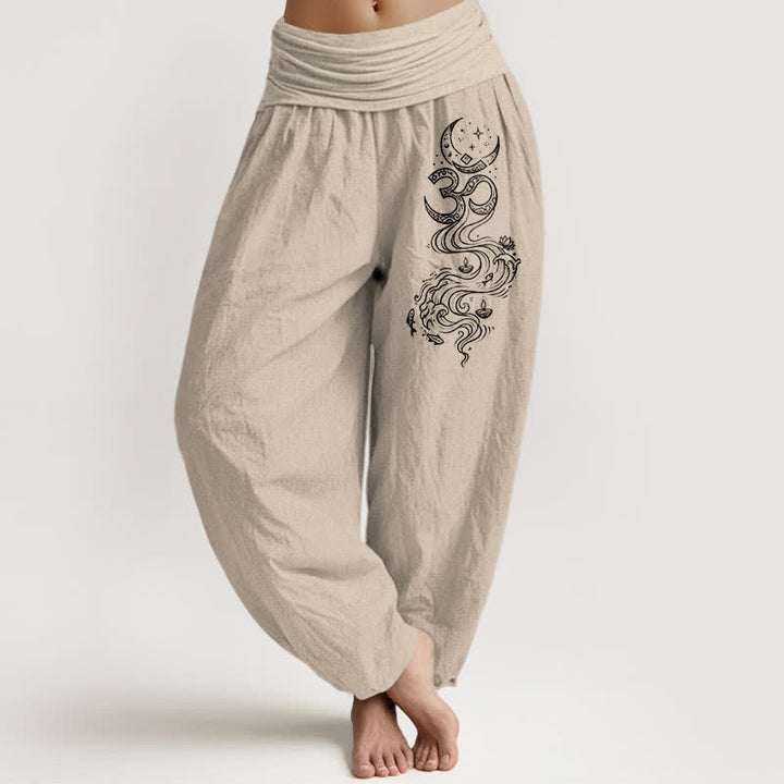 Buddha Stones Pure Cotton Sacred Moon Om Pattern Women's Elastic Waist Harem Pants - Tan - US16，UK/AU20，EU48 (3XL) - image 11