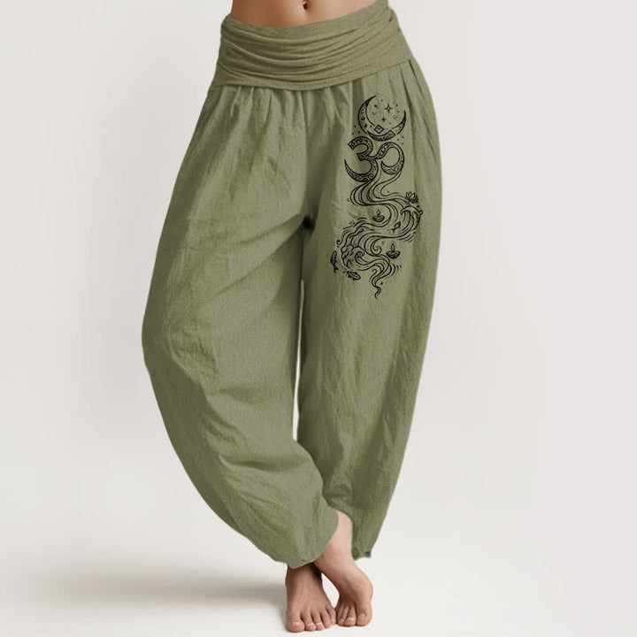Buddha Stones Pure Cotton Sacred Moon Om Pattern Women's Elastic Waist Harem Pants - OliveDrab - US16，UK/AU20，EU48 (3XL) - image 14
