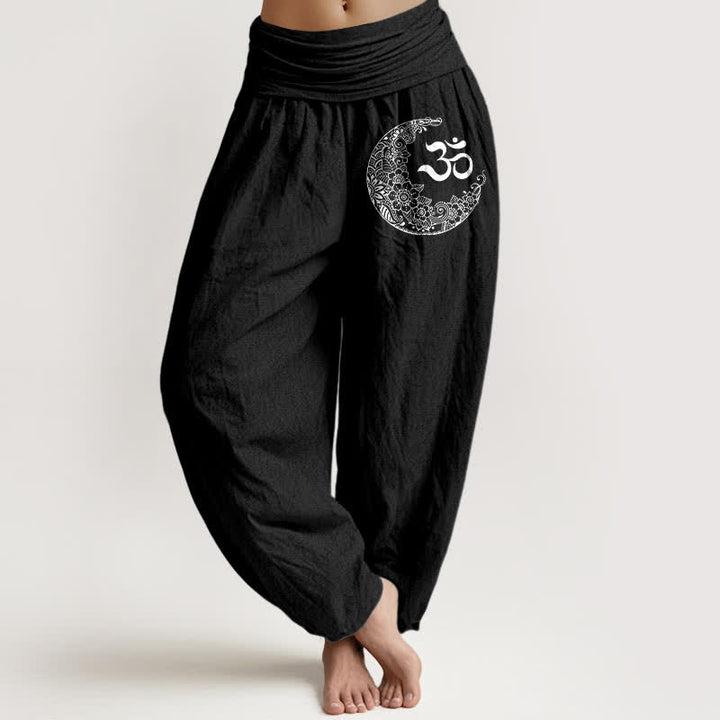 Buddha Stones Pure Cotton Boho Om Moon Crescent Pattern Women's Elastic Waist Harem Pants - Black - US16，UK/AU20，EU48 (3XL) - image 0