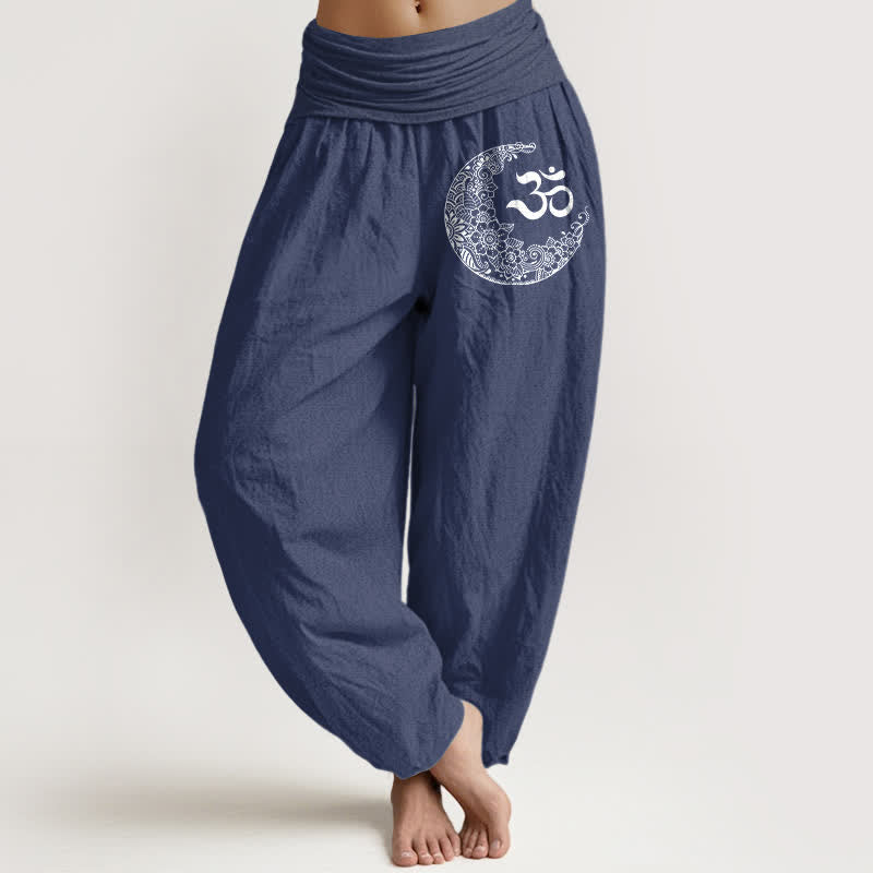 Buddha Stones Pure Cotton Boho Om Moon Crescent Pattern Women's Elastic Waist Harem Pants - DarkSlateBlue - US16，UK/AU20，EU48 (3XL) - image 5