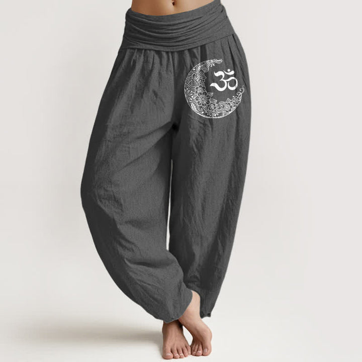 Buddha Stones Pure Cotton Boho Om Moon Crescent Pattern Women's Elastic Waist Harem Pants - DimGray - US16，UK/AU20，EU48 (3XL) - image 8