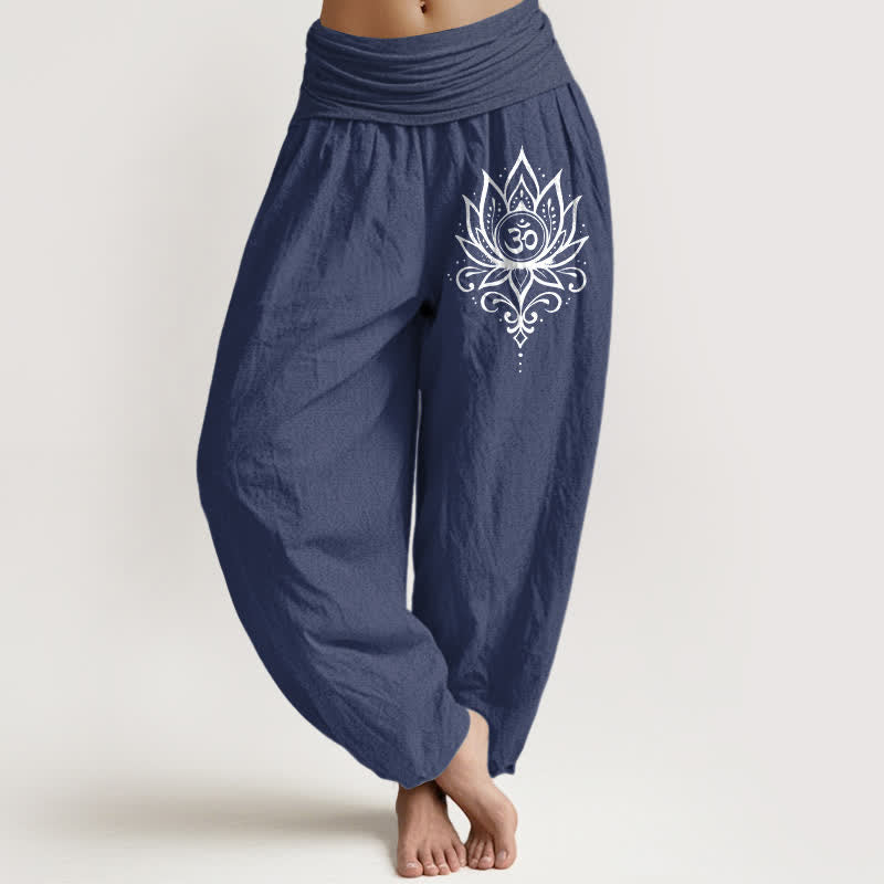 Buddha Stones Pure Cotton White Lotus Om Pattern Women's Elastic Waist Harem Pants - DarkSlateBlue - US16，UK/AU20，EU48 (3XL) - image 0