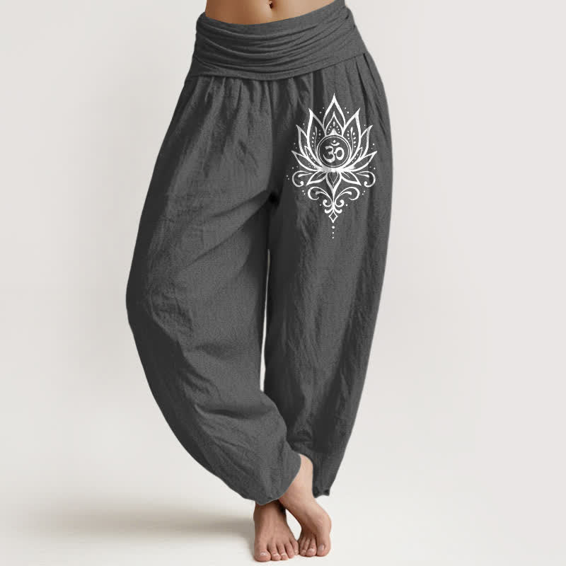 Buddha Stones Pure Cotton White Lotus Om Pattern Women's Elastic Waist Harem Pants - DimGray - US16，UK/AU20，EU48 (3XL) - image 8