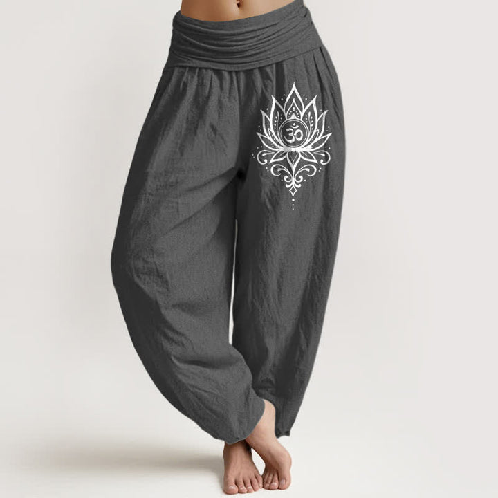 Buddha Stones Pure Cotton White Lotus Om Pattern Women's Elastic Waist Harem Pants - DimGray - US16，UK/AU20，EU48 (3XL) - image 8