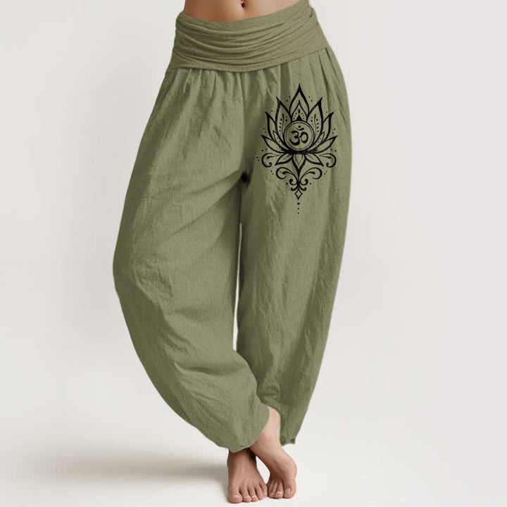 Buddha Stones Pure Cotton White Lotus Om Pattern Women's Elastic Waist Harem Pants - OliveDrab - US16，UK/AU20，EU48 (3XL) - image 14