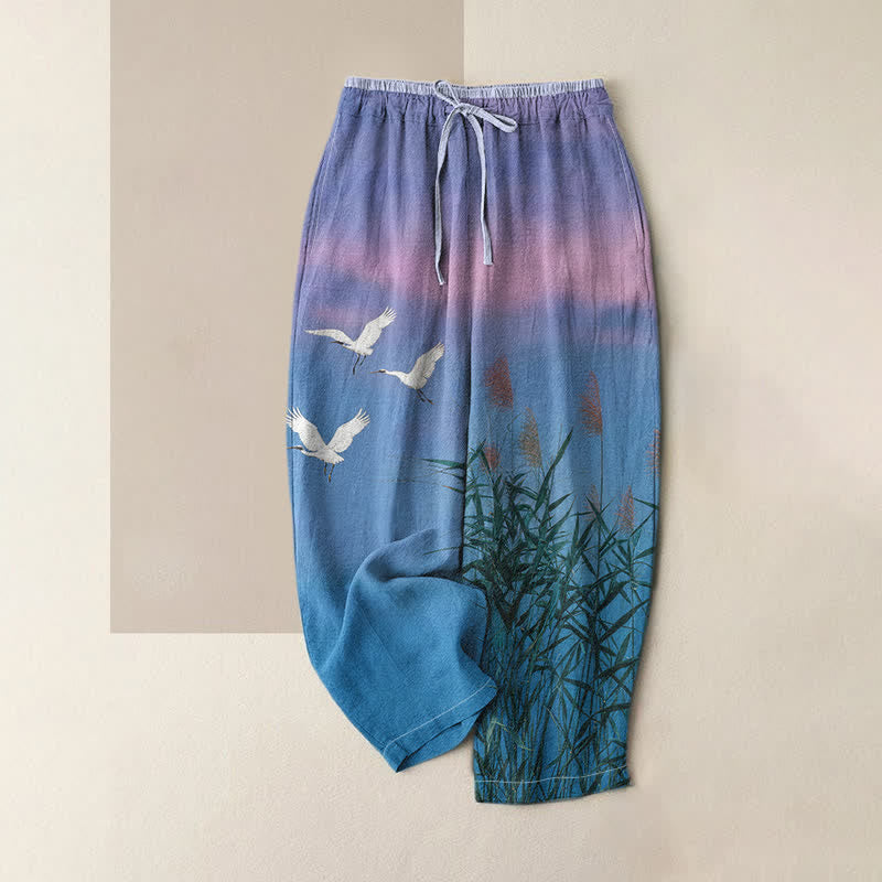 Buddha Stones Pure Cotton Bamboo Crane Pattern Women's Elastic Waist Pants With Pockets - CornflowerBlue - US16，UK/AU20，EU48 (3XL) - image 0
