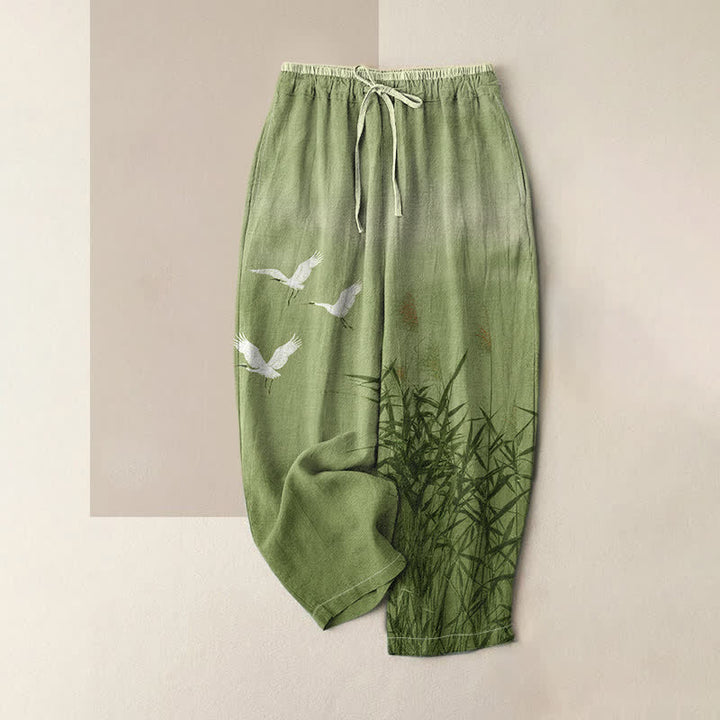 Buddha Stones Pure Cotton Bamboo Crane Pattern Women's Elastic Waist Pants With Pockets - DarkSeaGreen - US16，UK/AU20，EU48 (3XL) - image 3