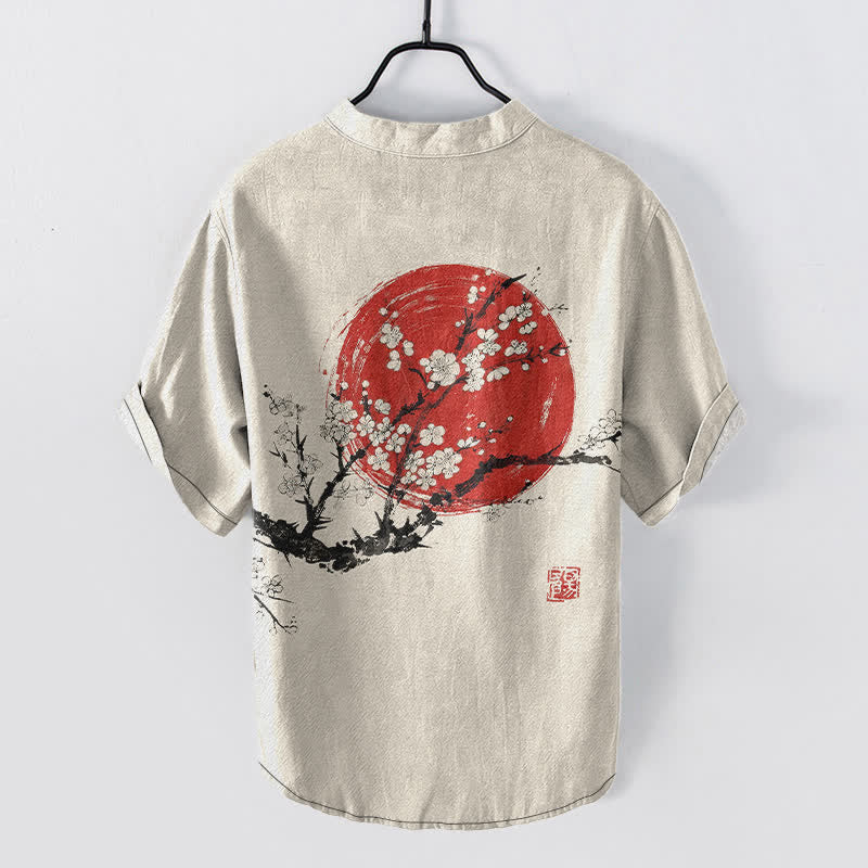 Buddha Stones Cotton Ink Plum Blossom Sun Pattern Men's Short Sleeve Half Button Shirt - image 1
