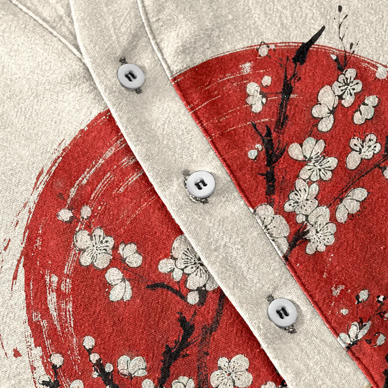 Buddha Stones Cotton Ink Plum Blossom Sun Pattern Men's Short Sleeve Half Button Shirt - image 3