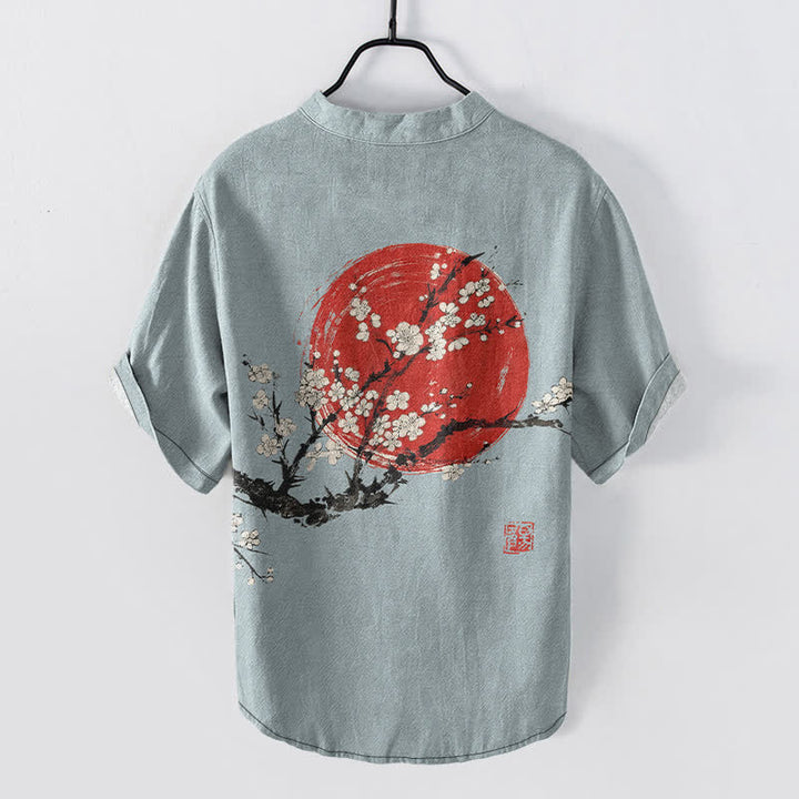 Buddha Stones Cotton Ink Plum Blossom Sun Pattern Men's Short Sleeve Half Button Shirt - image 6