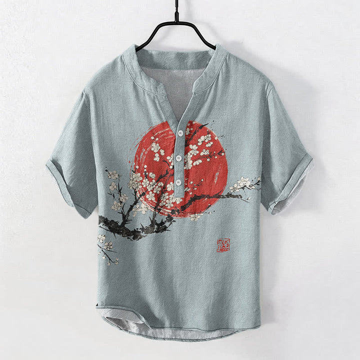 Buddha Stones Cotton Ink Plum Blossom Sun Pattern Men's Short Sleeve Half Button Shirt - LightBlue - US/UK/AU50，EU60 (5XL) - image 5