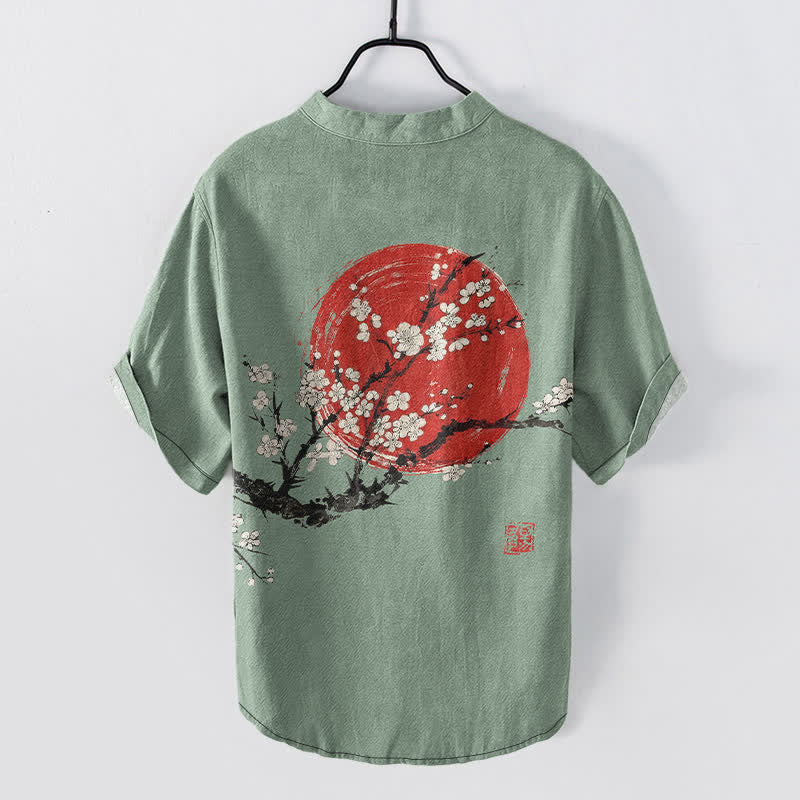Buddha Stones Cotton Ink Plum Blossom Sun Pattern Men's Short Sleeve Half Button Shirt - image 8